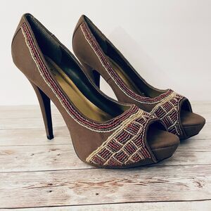 Qupid Luxe 10.5 High Stilettos Heel olive green beaded Open Toe Beautiful pumps